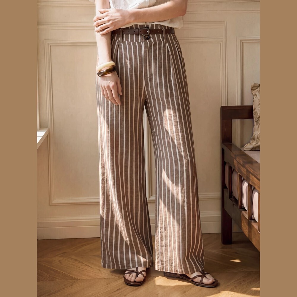 Taupe Brown Striped High Waist Wide Leg Long Trousers Pants